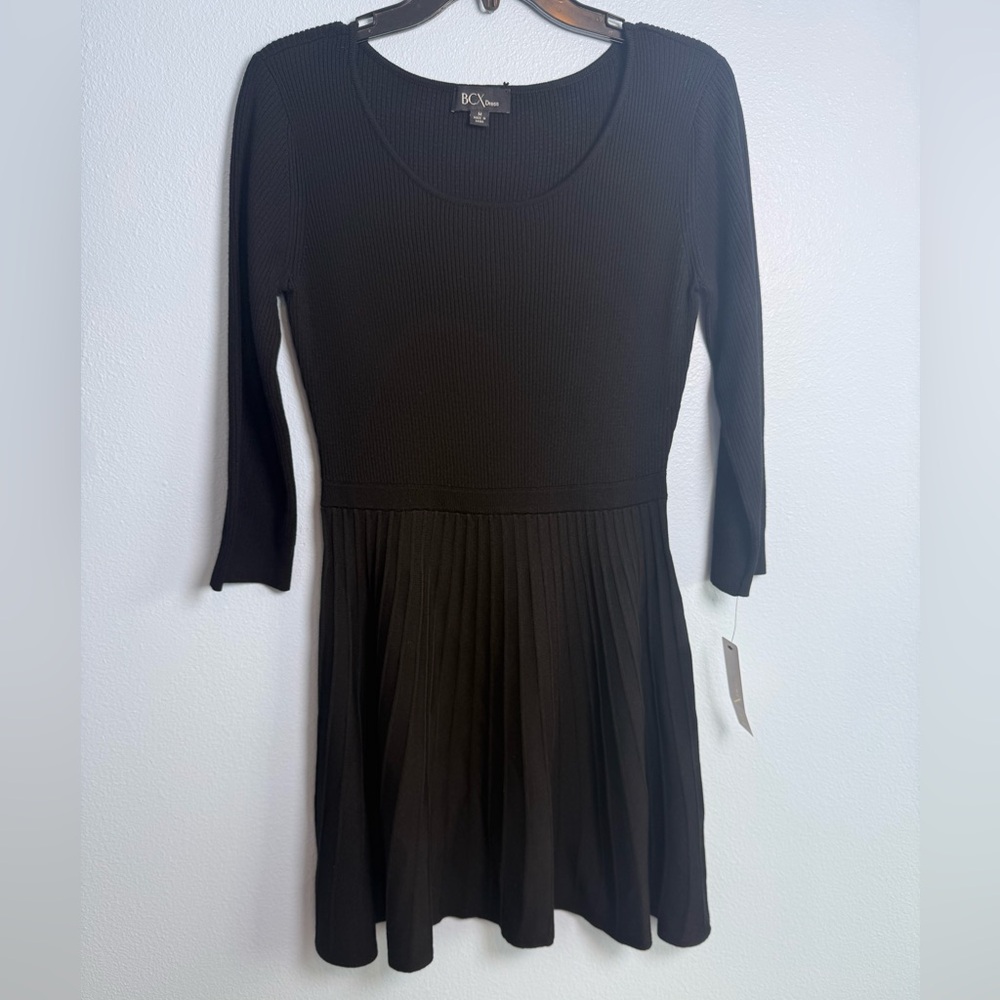 BCX Black Ribbed Knit Fit-and-Flare Dress
